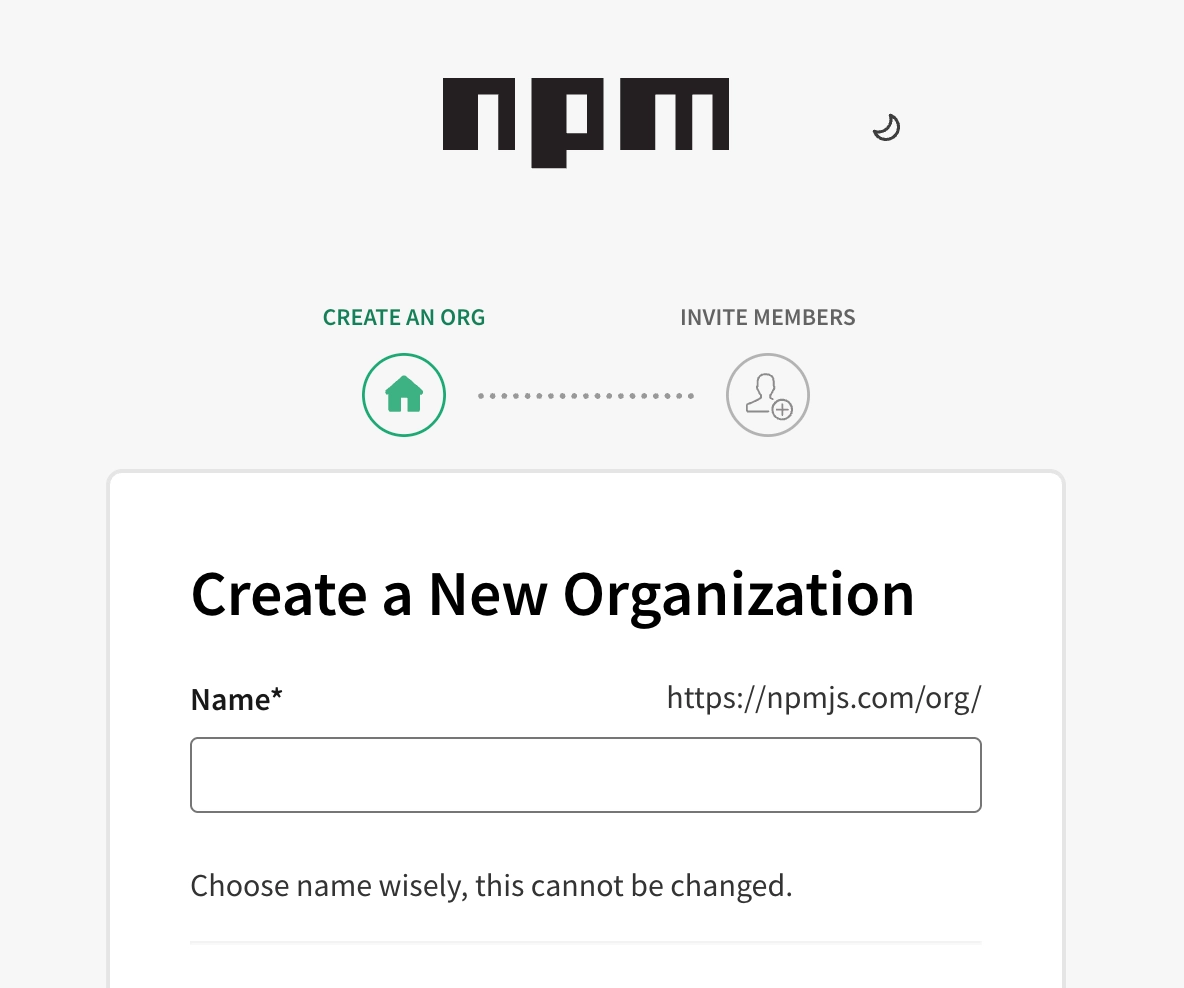 npm Create a New Organization 화면